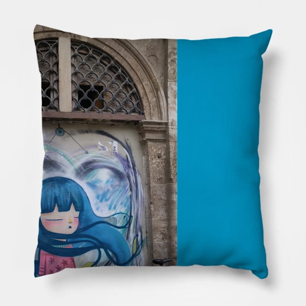 Blue haired graffiti girl Pillow by Stephfuccio.com