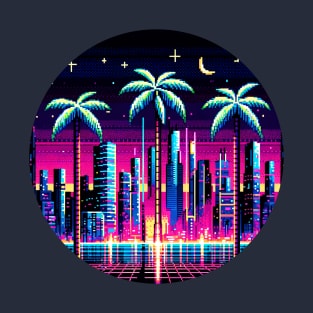 Cyber Palms - 8-Bit Neon Cityscape with Futuristic Palm Trees T-Shirt