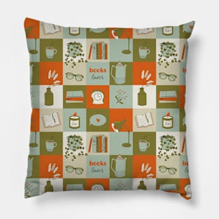 Abstract geometric pattern with books and cozy home elements Pillow