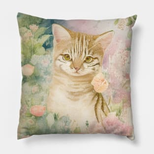 Tabby Cat in the Flower Garden Pillow