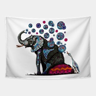 Elephant and Cattle Egret with Shweshwe bubbles Tapestry