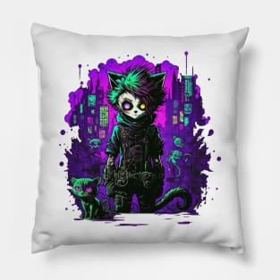 Zombie Cat Zombiecat in Cyberpunk City Pillow