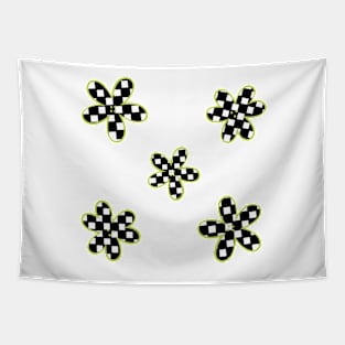 Abstract Checkerboard Flowers - Lime Green Tapestry