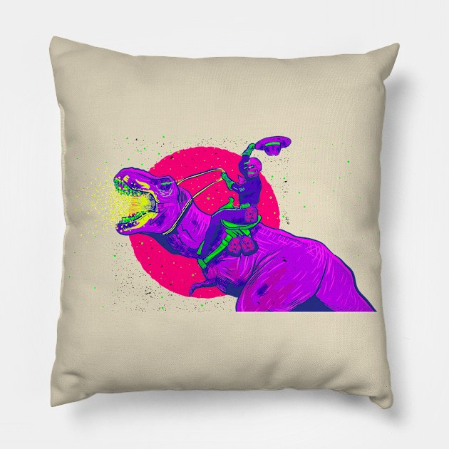 Tokebi's Skull Riding a Dinosaur Pillow by TOKEBI