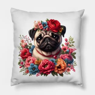 A pug decorated with beautiful colorful flowers. Pillow