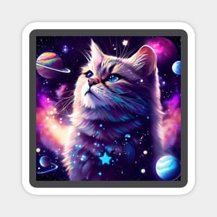 A majestic cat in outer space, surrounded by celestial bodies like stars, planets, and galaxies. Magnet