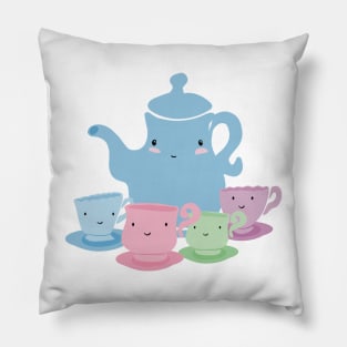 Pastel Mother Teapot and Children Teacups Illustration Pillow