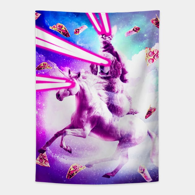 Laser Eyes Space Cat Riding Dog, Unicorn - Rainbow Tapestry by Random Galaxy