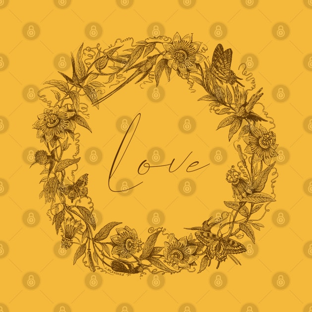 Floral Wreath with Butterflies and Love Word by Biophilia