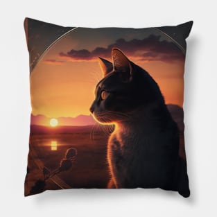 Design of a Cat watching a Sunset Pillow