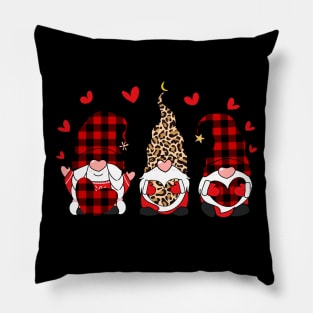 Three Gnomes Holding Hearts Happy Valentines Day 2021 leopard Red plaid Pillow