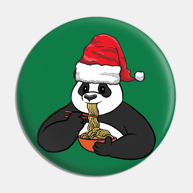 Santa Hat-Wearing Panda Eating Ramen Funny Christmas Holiday Pin by Contentarama