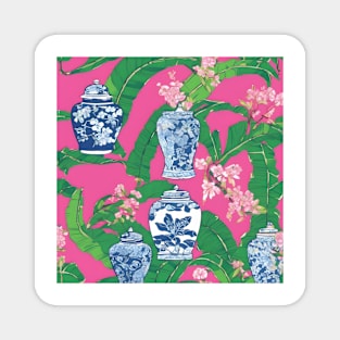 Chinoiserie jars, leaves and cherry blossom on hot pink Magnet