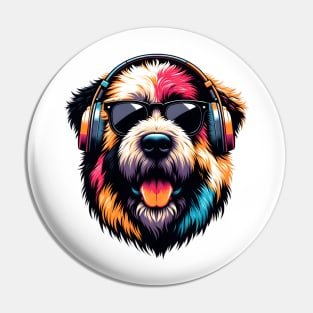 Grinning Bouvier des Flandres as Smiling DJ with Headphones Pin