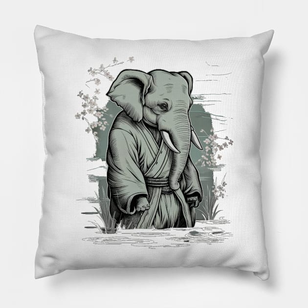 Melancholic Elephant Japanese Art Print Pillow by SimpliPrinter