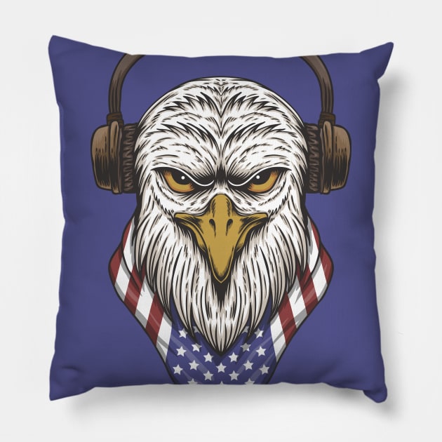 Bald Eagle Head with Headphones and American Flag Bandana Pillow by SLAG_Creative