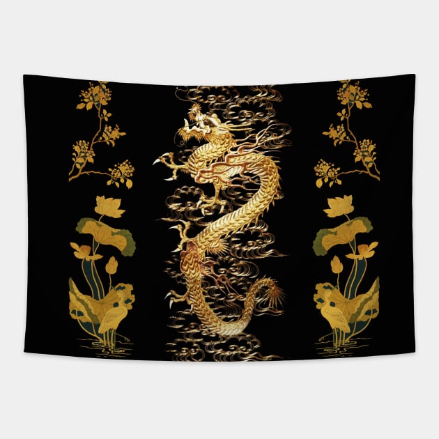 GOLD DRAGON IN BLACK,Egret,Lotus,Green Gold Floral Tapestry by BulganLumini