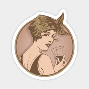 Lady Drinking Wine. Art deco style illustration design. Magnet