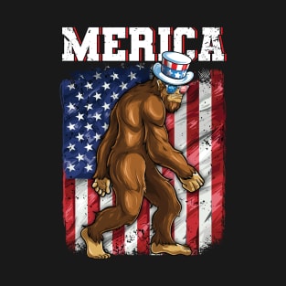 Bigfoot Sasquatch Merica American Flag T-Shirt