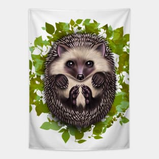 Cute cutie hedgehog in green leaves Tapestry