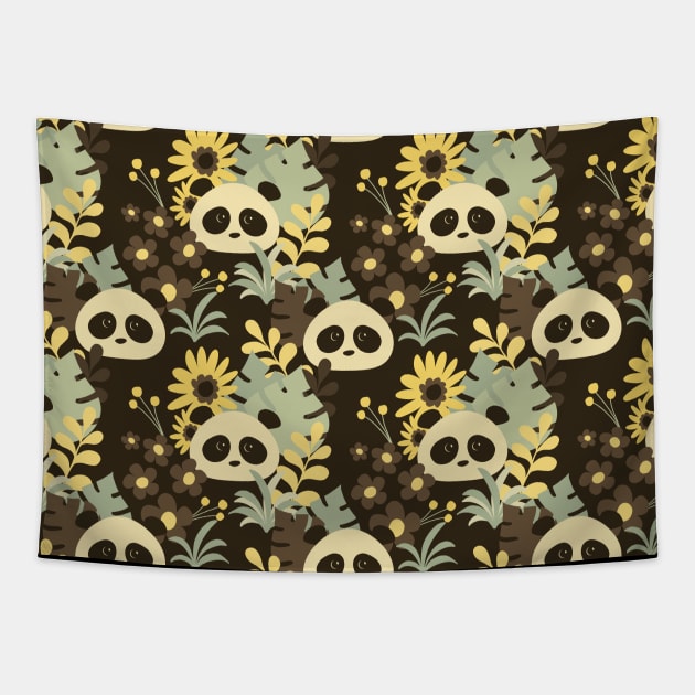 Boho Floral Pandas on Brown - 1000Pandas by Amanda Roos Tapestry by 1000 Pandas