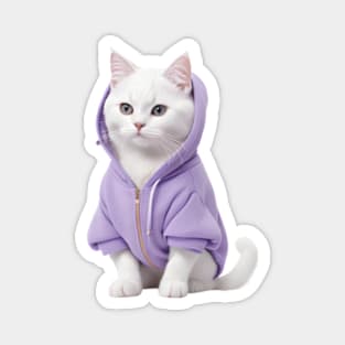 White British Short hair Cat wearing purple t-shirt Magnet