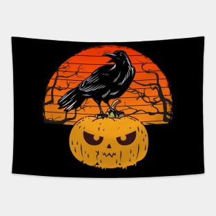 Retro sunset black crow or black raven with pumpkin Tapestry