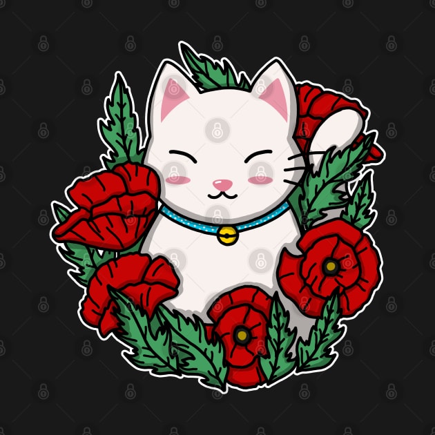 Cute Cat In The Poppy Garden by Luna Illustration