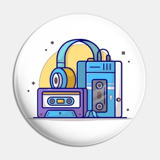 Old Music Player with Cassette and Headphone Music Cartoon Vector Icon Illustration Pin