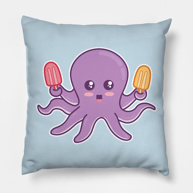 Kawaii Baby Octopus Holding Two Ice Pops Pillow by Cuteness Klub