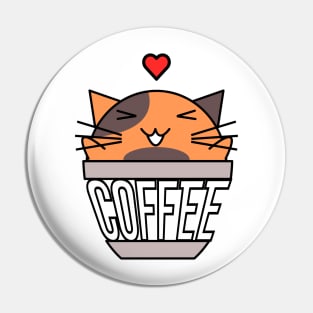 Happy cat in coffee cup with warped text heart on head orange and brown Pin