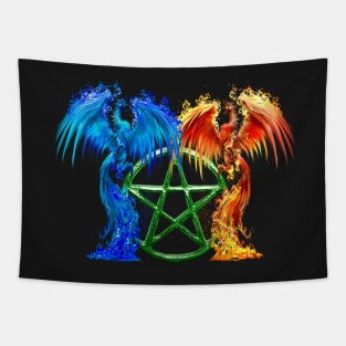 Fantasy Fire And Ice Phoenix Green Pentagram Tapestry
