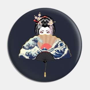 The Great Wave off Kanagawa fan and geisha Pin