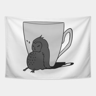 Sleepy Owl and Cup Grey Tapestry