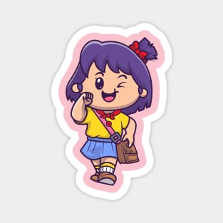 Cute Girl Going To School Cartoon Magnet