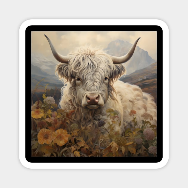 Highland Cattle Wildflowers Retro Art | Vintage-Inspired Landscape with Scottish Cows Magnet by The Whimsical Homestead