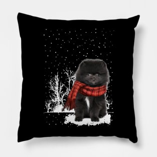 Christmas Black Pomeranian With Scarf In Winter Forest Pillow