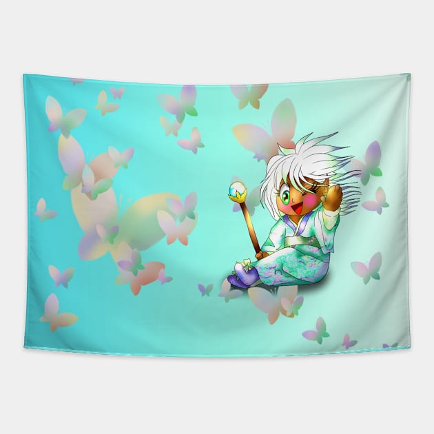 happy chibi elf magician in a turquoise kimono Tapestry by cuisinecat