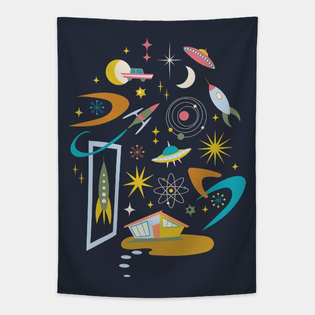 Mid Century Architecture in Space - Retro design in pastels on Navy by Cecca Designs Tapestry by Cecca