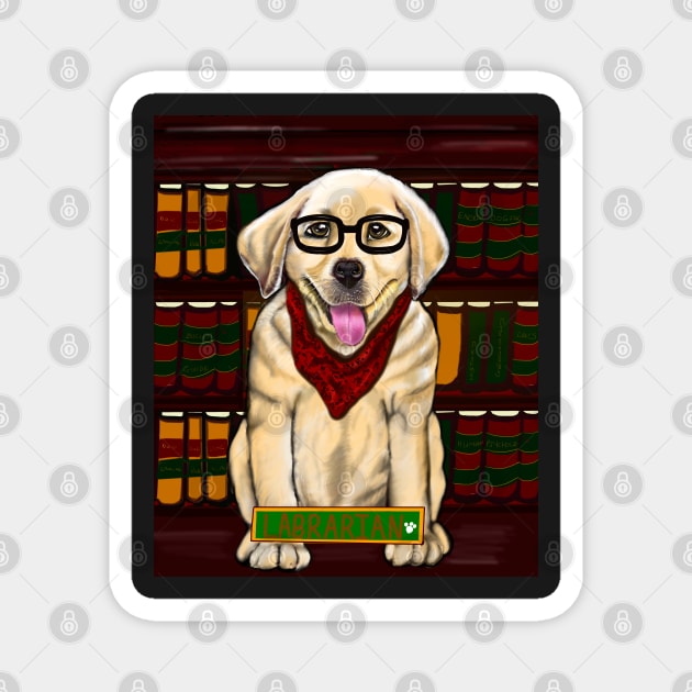 Golden Labrador “Labrarian” in library wearing glasses and red scarf cute Golden Labrador retriever puppy dog Librarian Magnet by Artonmytee