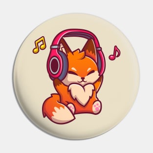 Cute Fox Listening Music With Headphone Pin