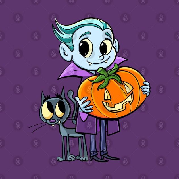 little dracula holds a pumpkin for halloween and the cat flies around his legs by duxpavlic