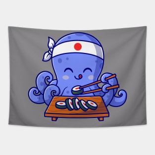 Cute Octopus Eating Sushi Cartoon Tapestry