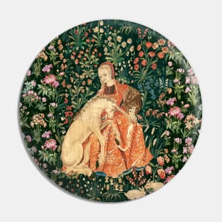 LADY AND UNICORN AMONG FLOWERS ,HARES,Red Green Floral Pin