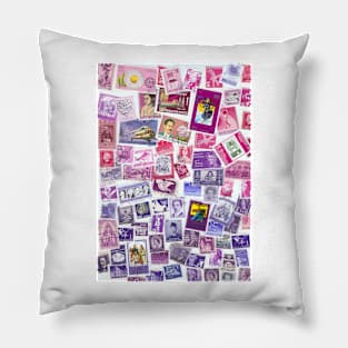 Pink purple postage stamps from all over the world Pillow