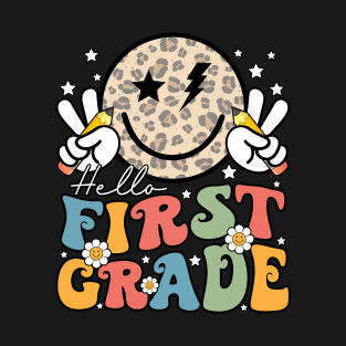 Leopard Groovy Happy Face Hello First Grade T-Shirt