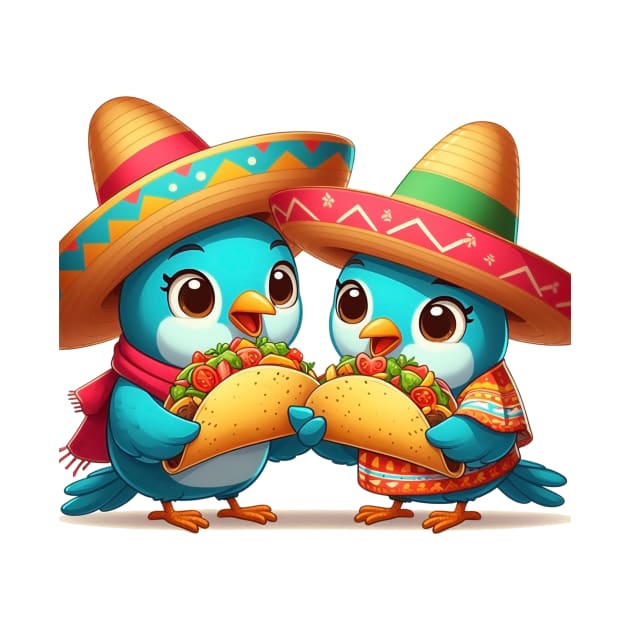 cute love birds are eating Mexican specialties, Tacos, Burritos, Enchiladas, Quesadillas, Guacamole, Fajitas, Chiles Rellenos, Tamales, Mole, Chilaquiles, by art poo