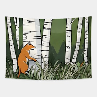 Cat in the birch trees Tapestry