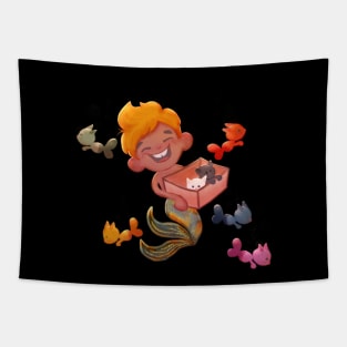 Little mermaid boy with kittens Tapestry