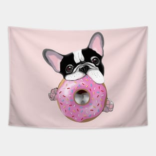 French bulldog lovers, sweet frenchie black and white with pink donuts Tapestry